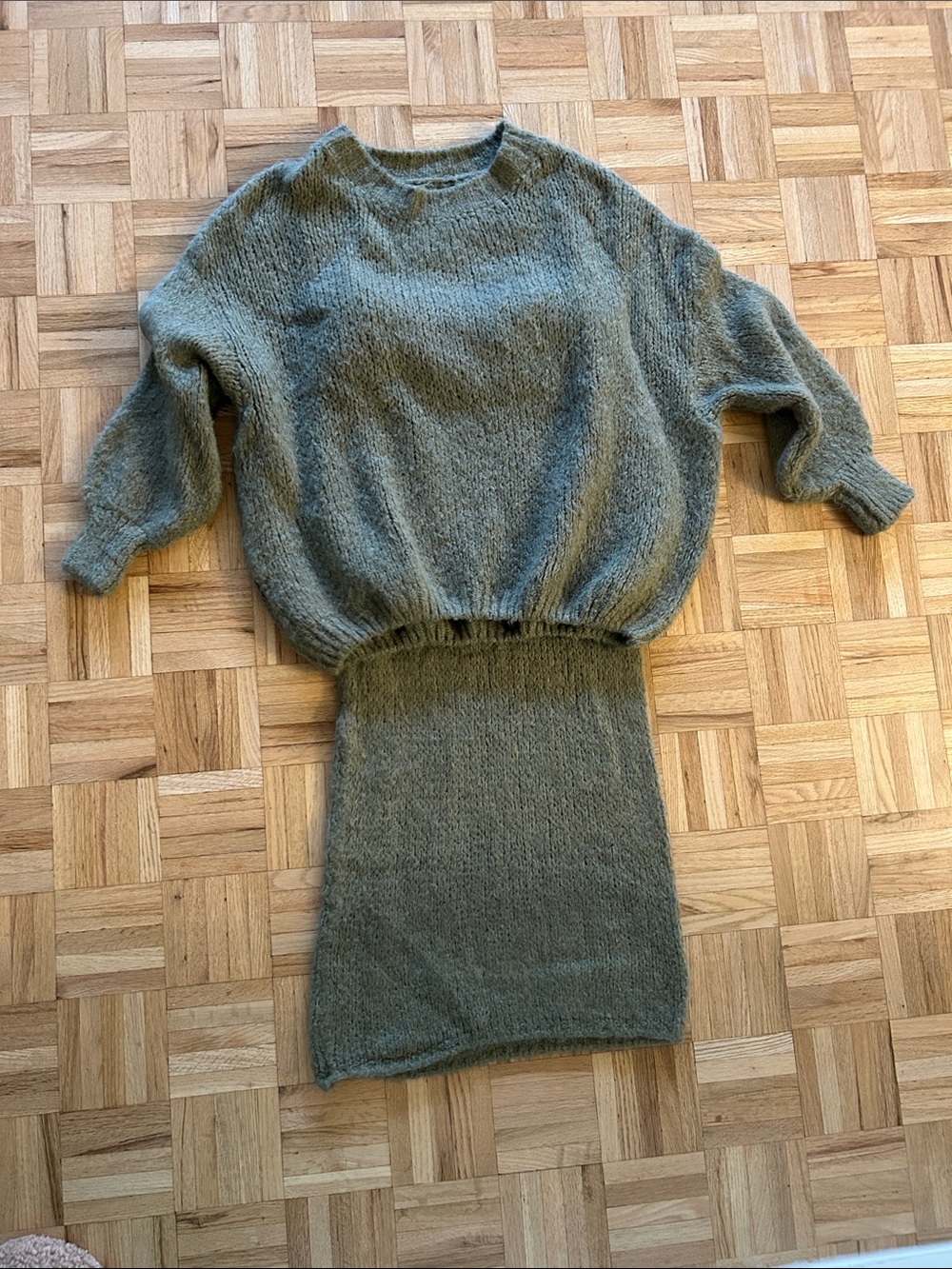 Fuzzy Knit Two-Piece Sweater Set in Olive Green